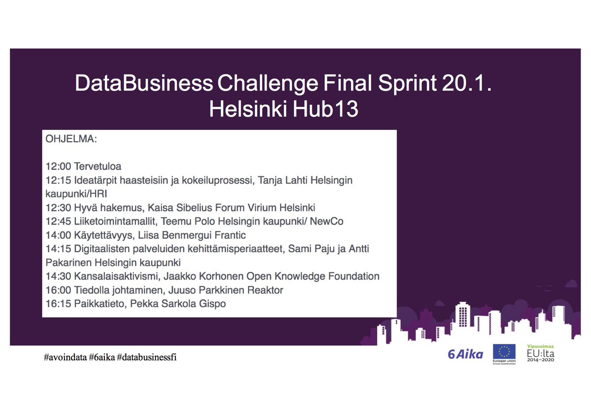 databusinessfi's tweet photo. Perjantain 20.1. #DataBusinessChallenge #avoindata tapahtumassa kiinnostava ohjelma + sparrausaikoja. Ilmoittaudu: https://t.co/qVPMHknx7p https://t.co/VehTHFTAG7