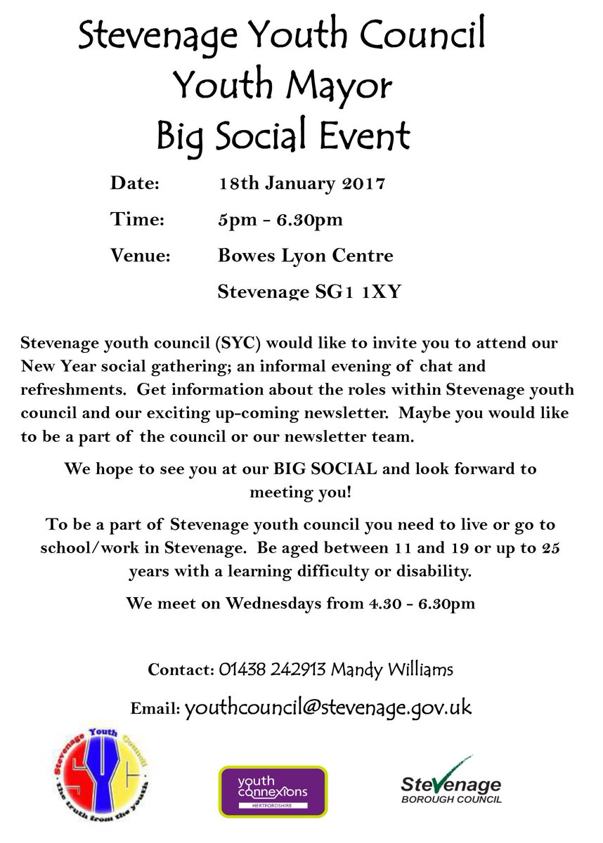 StevenageYMayor's tweet photo. Join me at @StevenageYouthC Big Social from 5pm until 6.30pm tonight at Bowes Lyon Centre https://t.co/8ncBBlCpDs https://t.co/ZCpF1b9l3F