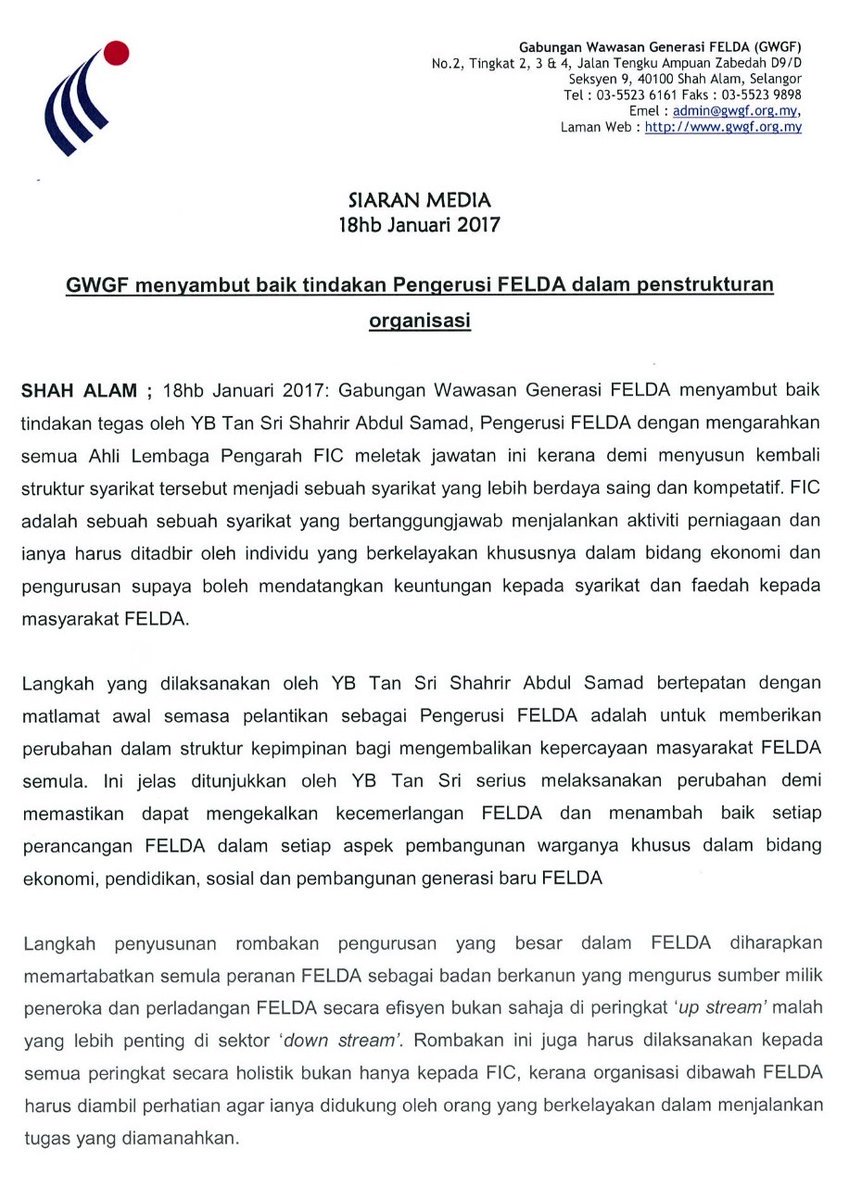 GWGF's tweet photo. GWGF Menyambut Baik Tindakan Pengerusi FELDA Struktur Semula Organisasi FIC https://t.co/akoIqHpm9H