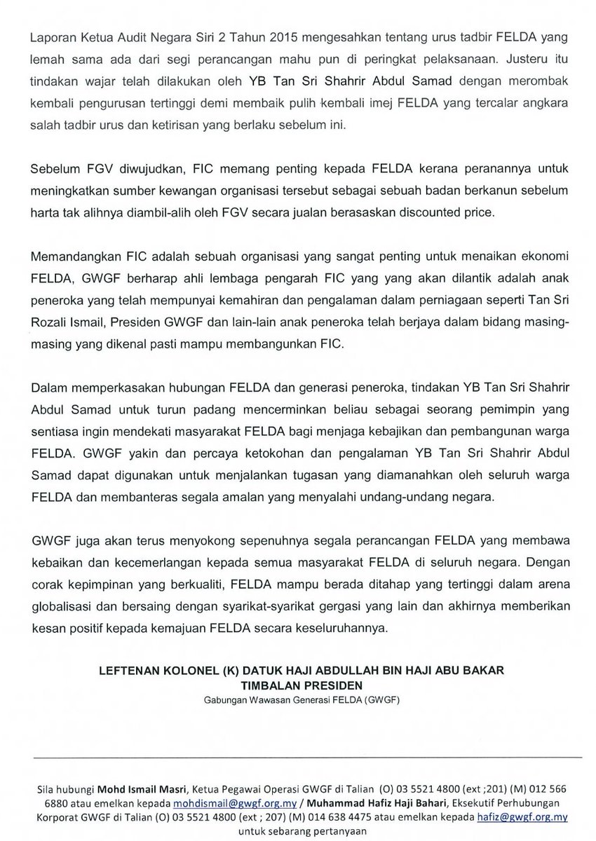 GWGF's tweet photo. GWGF Menyambut Baik Tindakan Pengerusi FELDA Struktur Semula Organisasi FIC https://t.co/akoIqHpm9H