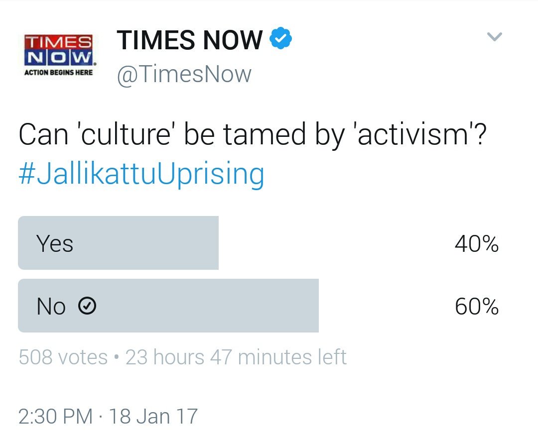 srinivasan_s84's tweet photo. @TimesNow Guys select "No" if you want Jallikattu.
கேள்வியின் தமிழாக்கம்:
மிருகநல ஆர்வளர்களால் தமிழ் கலாச்சாரத்தை அடக்க முடியுமா. "No" https://t.co/TB2z9deoxl