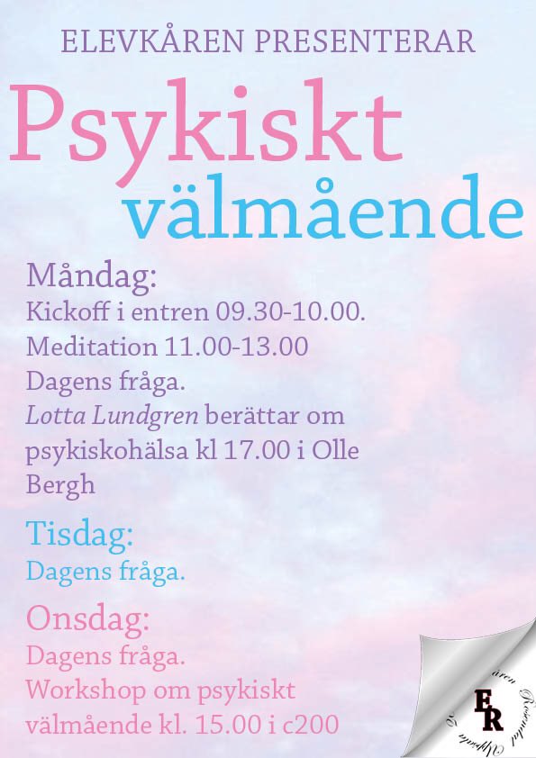 ElevkarRosendal's tweet photo. Rosendalare! Nästa vecka måndag-onsdag kommer vi att uppmärksamma psykisk ohälsa. Schemat för dagarna hittar ni ovan. Ses där!🌹❤ #elevkår https://t.co/zeiZpEsJUg