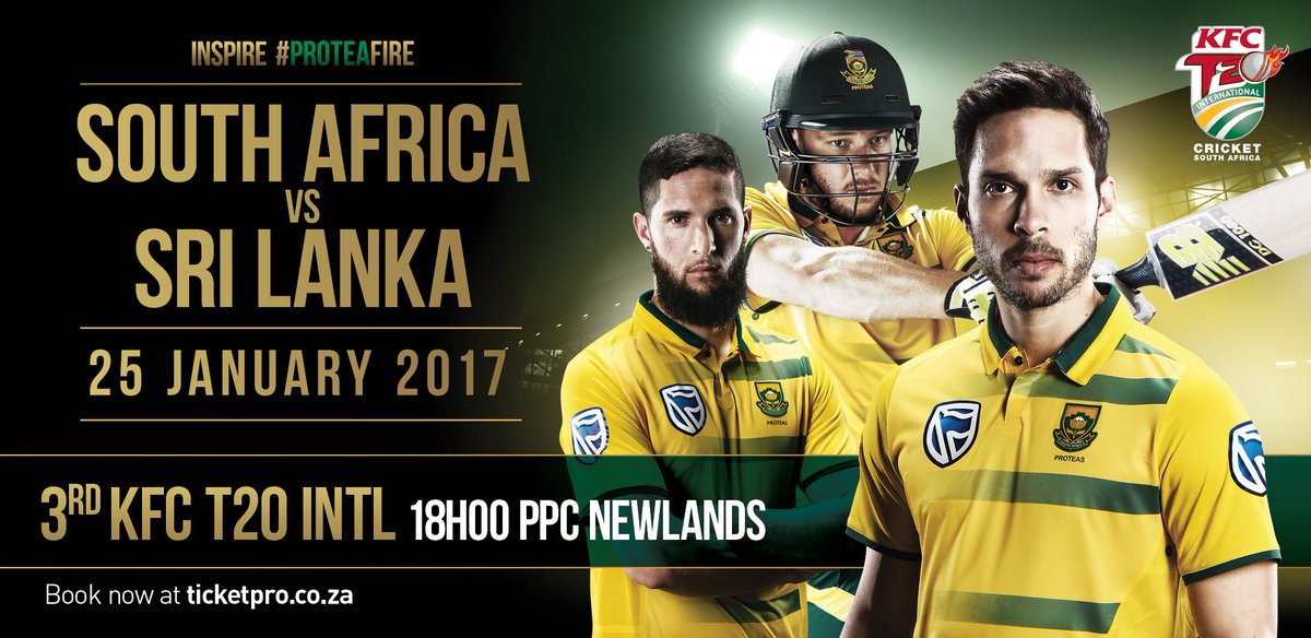 NewlandsCricket's tweet photo. Details of the SA v SL 3rd KFC T20 Match at PPC Newlands:
Date: Wednesday, 25 January 2017
Start of play: 18h00
Ticket prices: FROM R200 https://t.co/e8Tp5FR8Fp