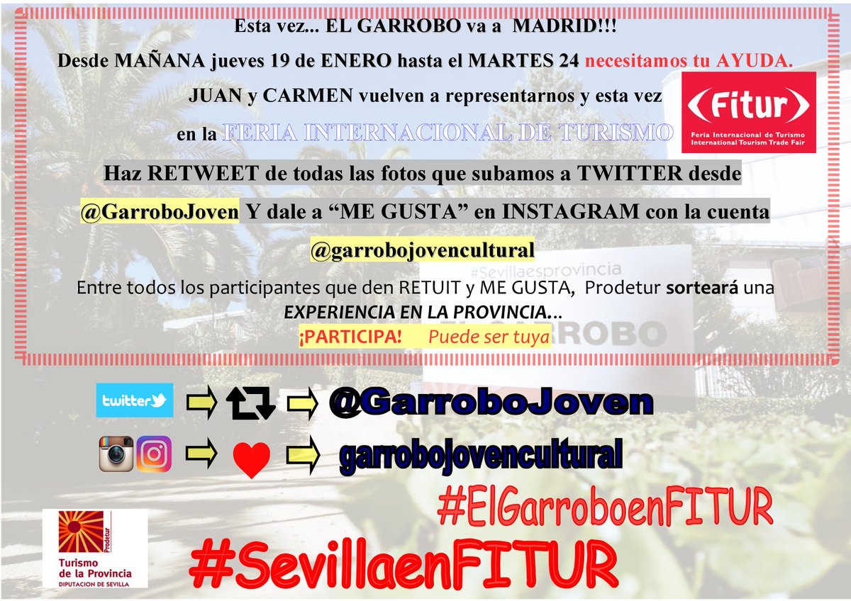 GarroboJoven's tweet photo. Ya lo hicimos en SEVILLA..y ahora vamos a #FITUR #Madrid Necesitamos tu ayuda! #SevillaenFITUR #ElGarrobenFITUR #Turismo https://t.co/qef3bhbcJA