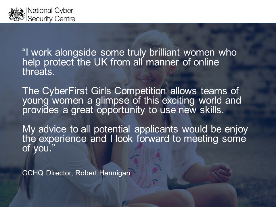 NCSC's tweet photo. With only 10% of the cyber workforce being female, we are launching a competition for girls aged 13-15 https://t.co/wfpkF0FQw5 #cyberfirst https://t.co/pzdSwmArDL