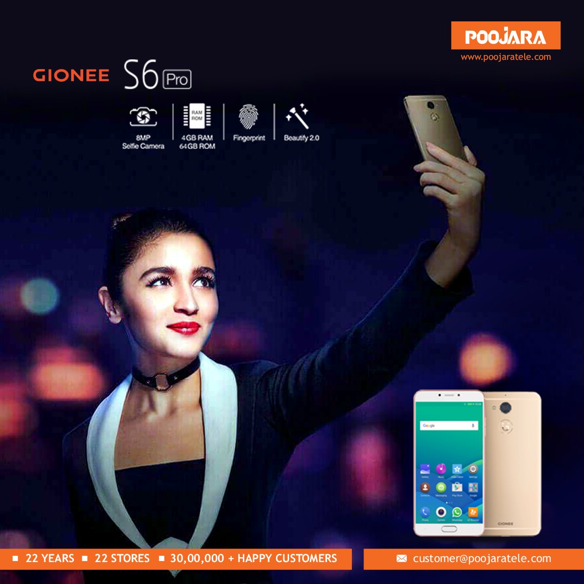 PoojaraTelecom's tweet photo. Make The #Selfies More Beautiful With #Gionee #S6Pro Having 8 MP Front Camera & 4 GB RAM..!! Available At @Poojara_Telecom https://t.co/xJ1aZD7CC8