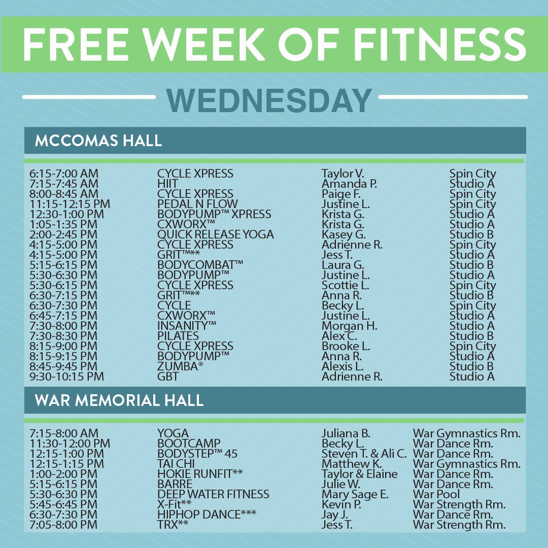 Virginia Tech Rec Sports Today Is Jam Packed With So Many Different Group X Sgt And Dance Classes For You To Try Out For Free Seeyouinthestudios Hokies T Co Wknwgldfig