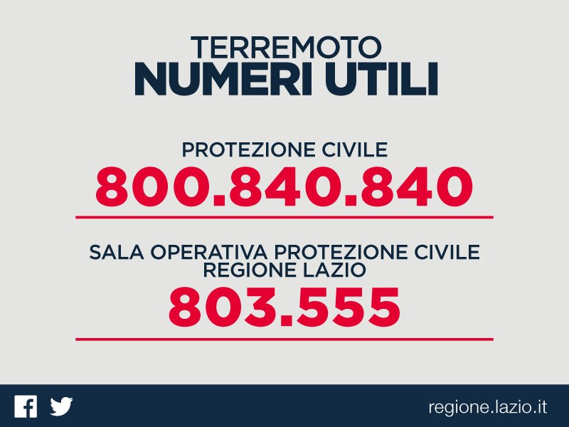 RegioneLazio's tweet photo. #Terremoto: attivi i numeri della Protezione Civile e della sala operativa della Regione Lazio da utilizzare solo in caso di necessità https://t.co/n9CVAuXZsW