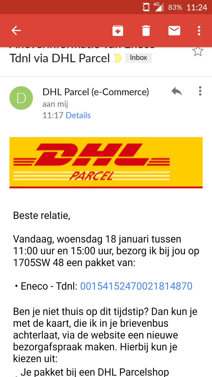 wielandtw's tweet photo. Handig @DHL_NLexpress een email versturen wanneer mijn pakket komt binnen het tijdvak van de levering https://t.co/Osf7WYoybK