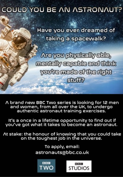 casting_jenny's tweet image. @heatnplumb Do any of your amazing Plumbers have what it takes to be an Astronaut? #toughestjob #BBC #space #RT #finalcastingcall