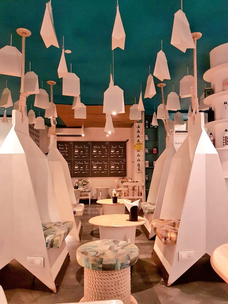 designerDs90's tweet photo. The very interesting ambiance @Teavillacafe versova has its lights and cozy alcoves that appear like teabags! #designmumbai #cafedesign #DN https://t.co/QIYG2eZQJ5