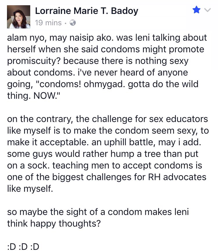 skywards2014's tweet photo. Happy thoughts for Leni, based from experience..wink wink😆 "Condom might promote promisquity" Leni #LeniLeaks #LeniLeave #LumeleniChallenge https://t.co/kTb5qVt8UD