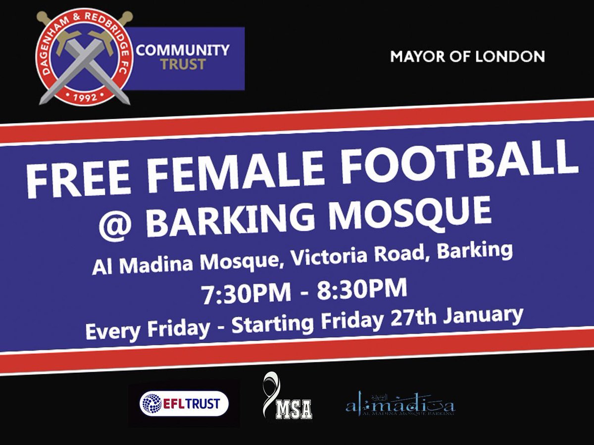 Dagenham and Redbridge's Community Trust will now be hosting free female football at Barking Mosque
<a href="/MayorofLondon/">Mayor of London, Sadiq Khan</a> <a href="/FFD_EFLTrust/">FFD</a> @EFLTrust
