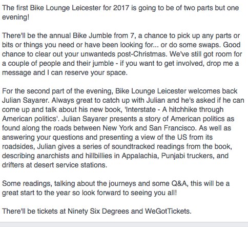 boneshakermag's tweet photo. #Cycling folks of #Leicester are in for a treat tomorrow night (Jan 19) Bike jumble + ace talk from @JulianSayarer  https://t.co/kDre7MgNGf https://t.co/lIy0bmGTEY