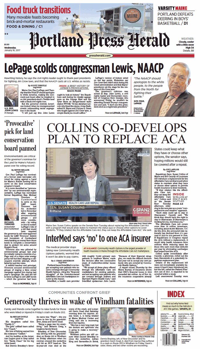Today's Portland Press Herald front page, Wednesday, January 18, 2017 ...