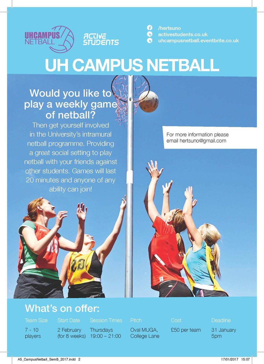 HertsUno's tweet photo. UH campus netball, 7-9, Oval MUGA. #netballneverstops #activestudents https://t.co/Ih4hgIPrSb