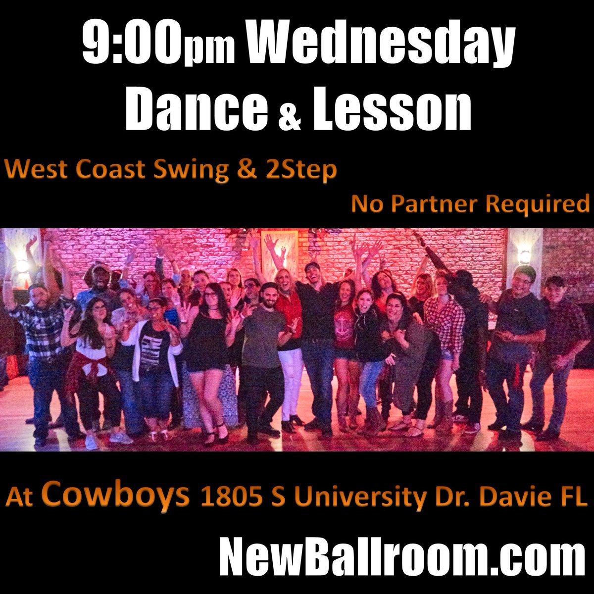 NewBallroom's tweet photo. Tonight at 9:00pm - Dance Lesson and Social at Cowboys: 1805 S University Dr. Davie FL. No partner required. West Coast Swing and Two Step https://t.co/ZpivCPNTS7