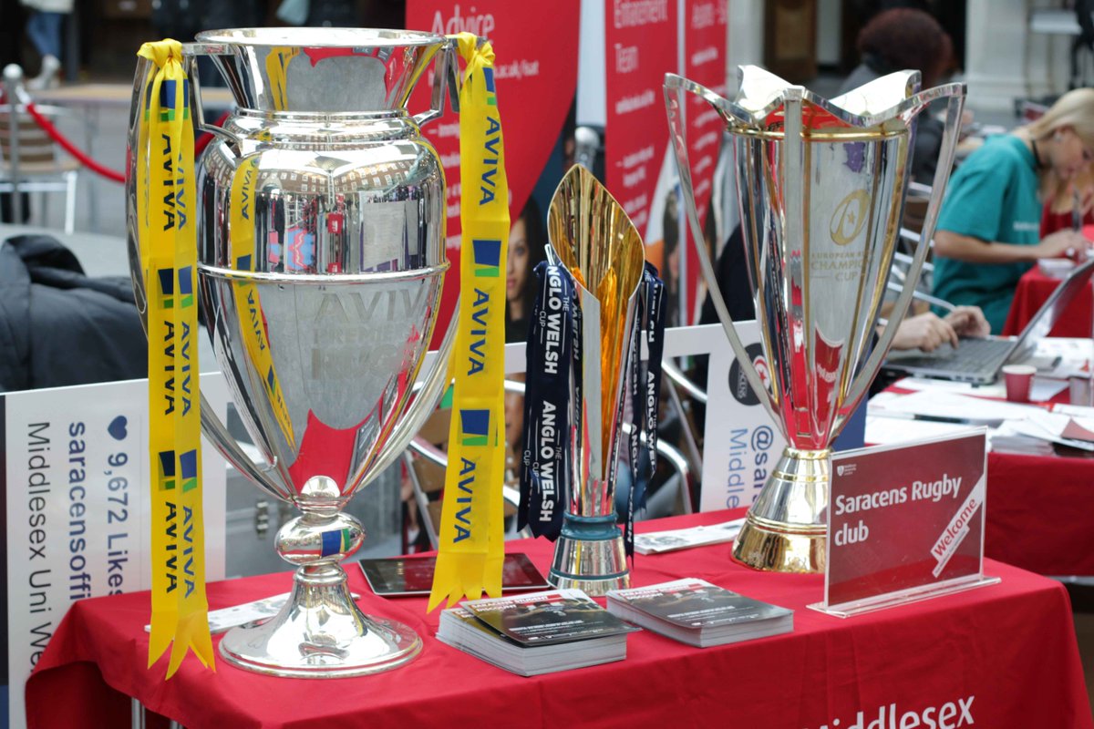MiddlesexUni's tweet photo. Nice of our local partners @Saracens to pop down with their silverware today :) #MDXfair https://t.co/d6ytwEssY7