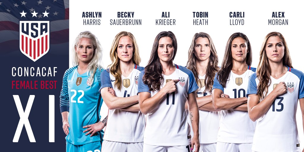 USWNT's tweet image. Also joining Morgan &amp;amp; Harris on @CONCACAF&apos;s Best XI: @beckysauerbrunn, @CarliLloyd, @TobinHeath &amp;amp; @alikrieger! 🇺🇸

👀 ussoc.cr/2iByFX2