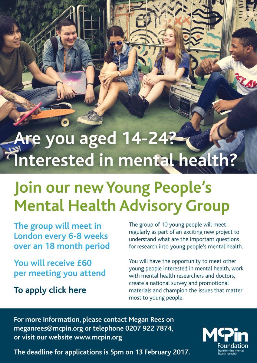 Aged 14 – 24? Interested in #mentalhealth ? Join the <a href="/McPinFoundation/">The McPin Foundation</a> Young people’s advisory group! Apply now! mcpin.org/priorities-for…