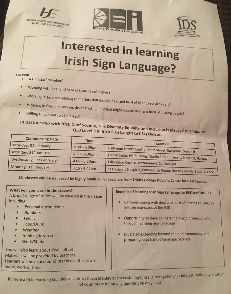 IrishDeafSoc's tweet photo. Well done to the HSE for providing ISL classes for its staff as part of their diversity &amp; Inclusion program @rosarii_mannion https://t.co/HQ7XPCiNn4