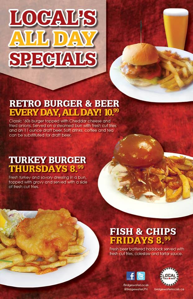 BridgewaterLPH's tweet photo. We've got you covered every day of the week! Come visit Local Public House inside  @BridgewaterMall for your favourite daily specials! https://t.co/LnpoTyazIB