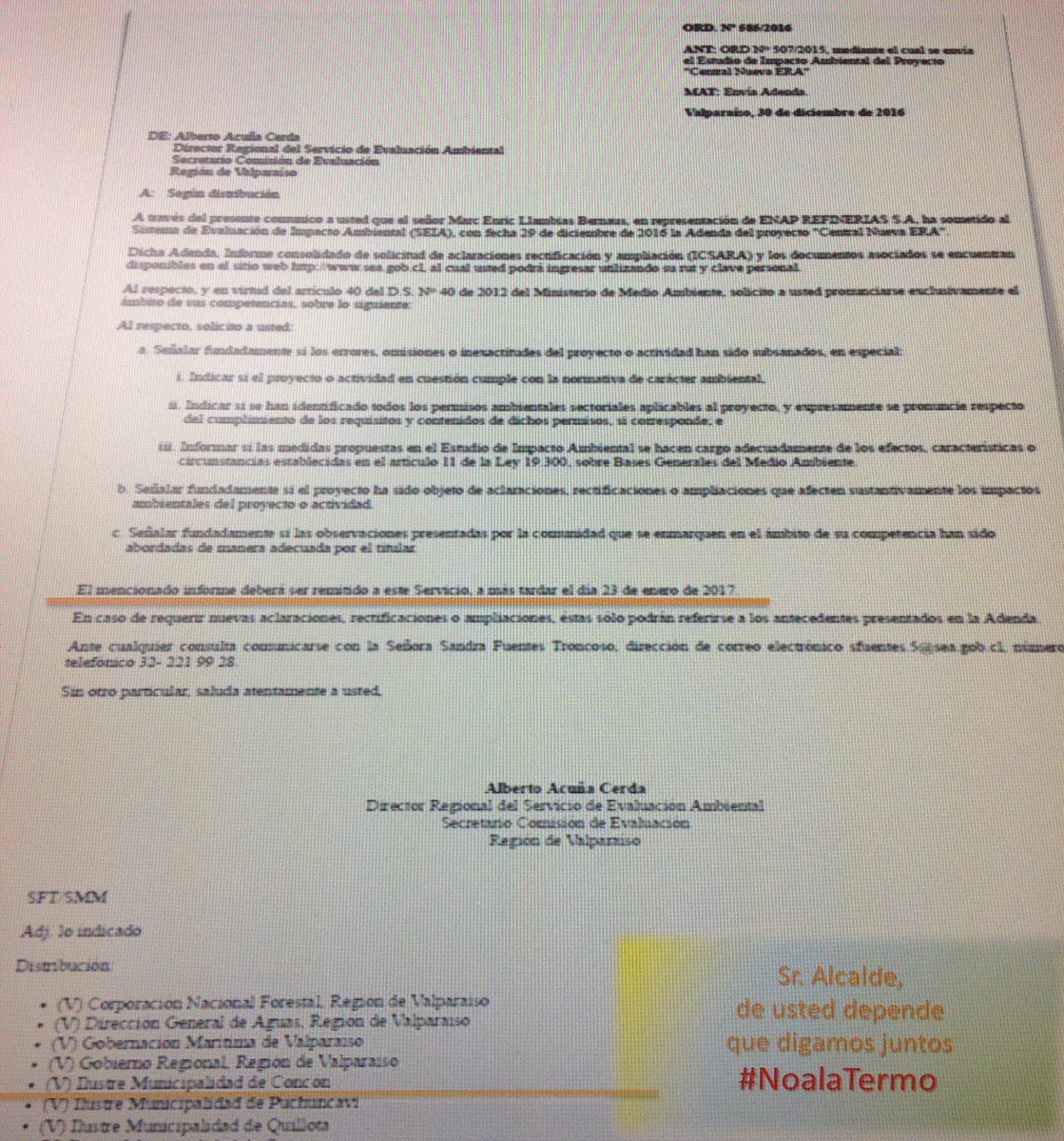 El plazo para pronunciarse sobre la Adenda vence este lunes 23/01. Esperemos que <a href="/municoncon/">municoncon</a> cumpla #NoALaTermoelectrica <a href="/alertaconcon/">Alerta Concón</a>