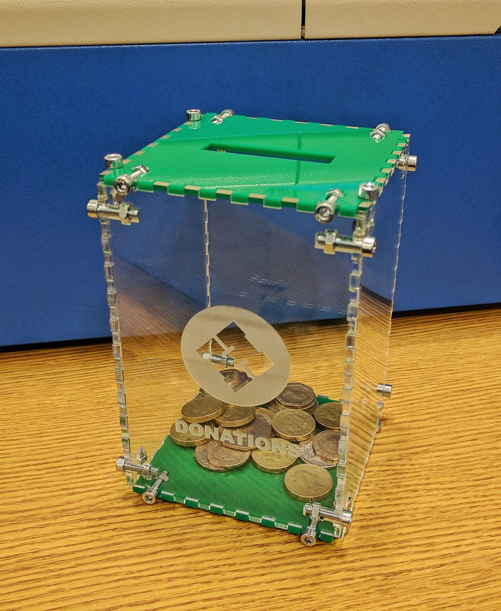 HackTees's tweet image. #donations can now be deposited in our laser cut money box! #lasercutting