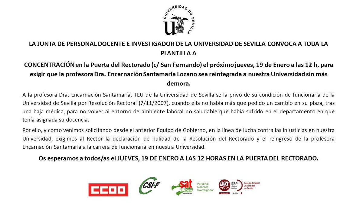 twitCADUS's tweet photo. Concentración a la puerta del Rectorado, para mañana JUEVES, 19 DE ENERO A LAS 12 H. https://t.co/emUGbkTp32