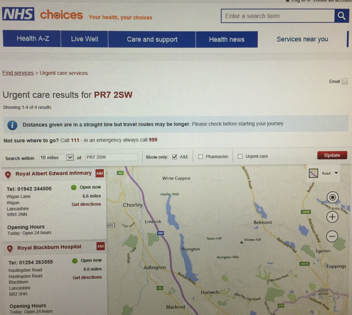 NHS Choices website still isn't showing #Chorley A&amp;E as open when you search for nearest location