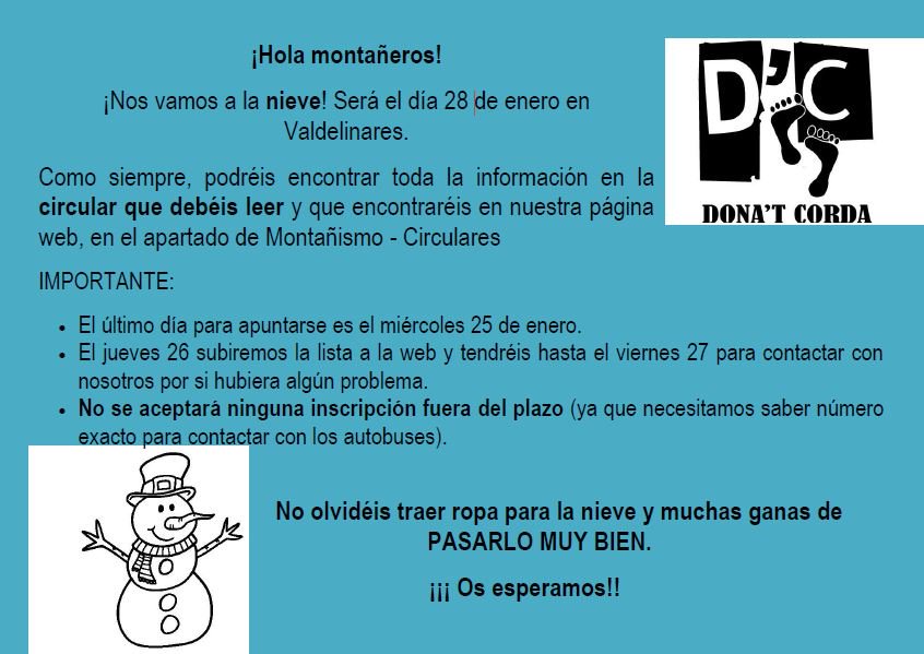 DonatCorda's tweet photo. Ya tenéis en la web la circular para la salida de #MontaDC a la nieve!!!
¡¡¡Qué ganas!!! https://t.co/E9iDmdW2lV