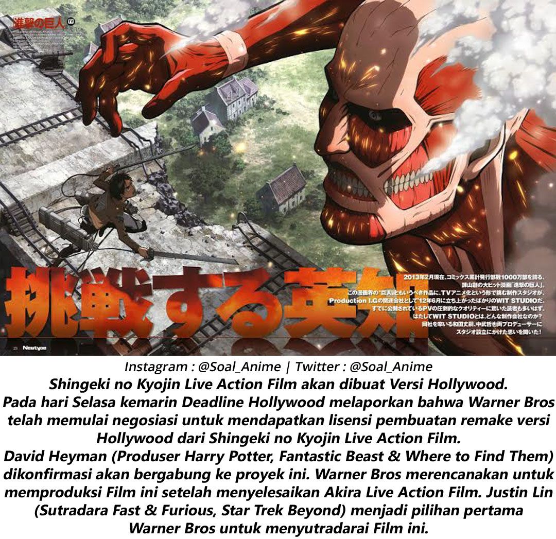 Shingeki no Kyojin Live Action Film akan dibuat Versi Hollywood buff.ly/2jxqgDx