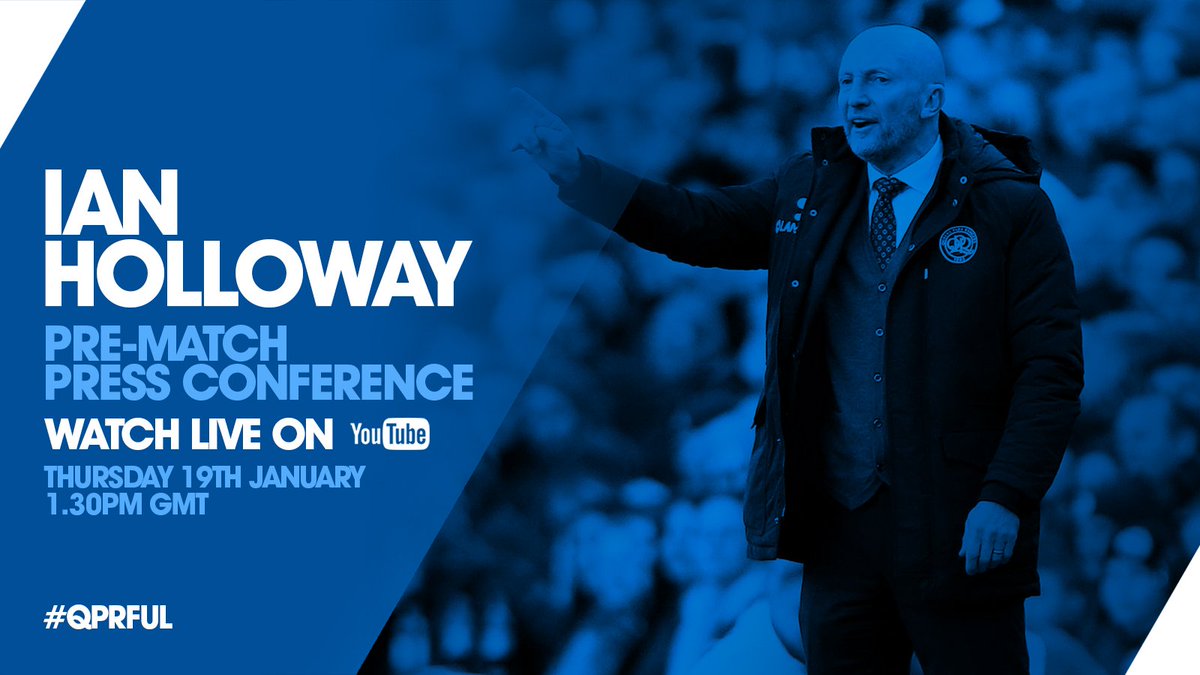 QPR's tweet photo. 🎥 #QPR boss Ian Holloway will face the media tomorrow afternoon ahead of #QPRFUL. You can watch live on @YouTube from 1:30pm. https://t.co/CY1bmzY9In