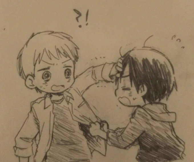 一枚絵の構図考えようとすると、くっつけて描きたい気持ちといやこいつら中高男子だからなって気持ちで脳内で葛藤が起きてこんな感じになる。
私の脳内の話であってこいつらがこんなやり取りをしているわけではない、と思う。 
