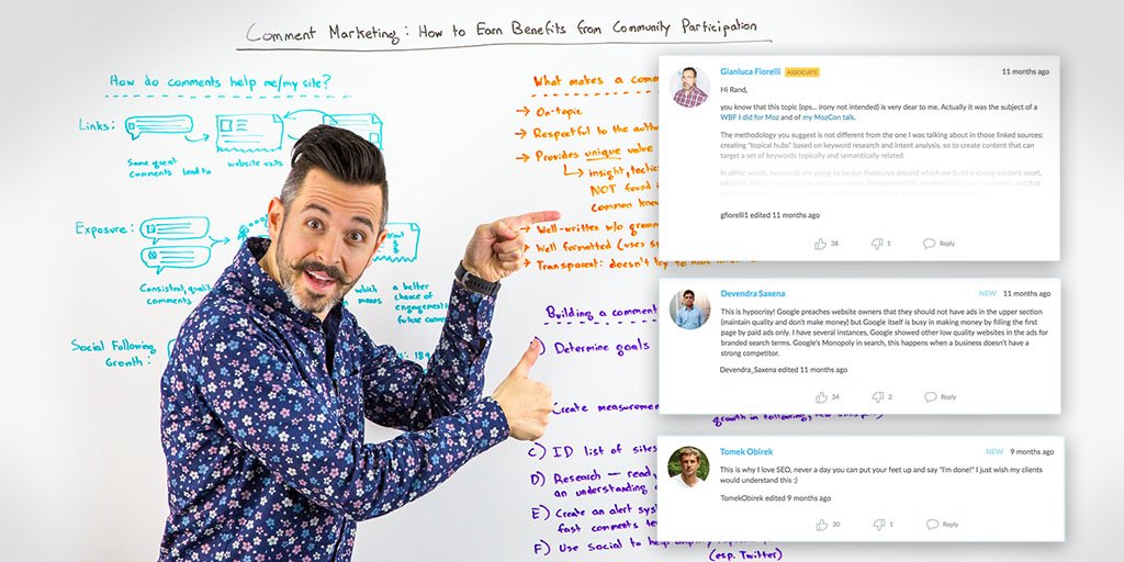 Moz's tweet photo. Comment Marketing: How to Earn Benefits from Community Participation 🎥 Whiteboard Friday https://t.co/vVIXLfAiBF By @randfish https://t.co/hdzIOwVBAN