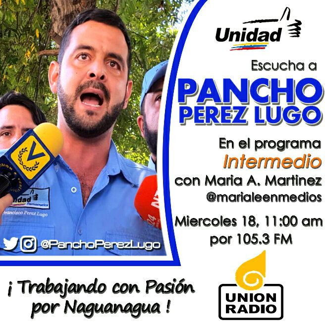 PanchoPerezLugo's tweet photo. Hoy a las 11:00am estaré en Unión Radio 105.3Fm en el programa "Intermedio" con @MarialeEnMedios sintonicen! https://t.co/rju5oOpmBU