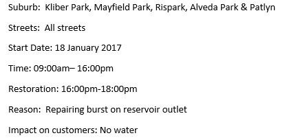 CityofJoburgZA's tweet image. Water Outage Today: Kibler Park, Mayfield Park, Rispark, Alveda Park and Patlyn. Restoration: 16:00pm-18:00pm #Savewater ^NS