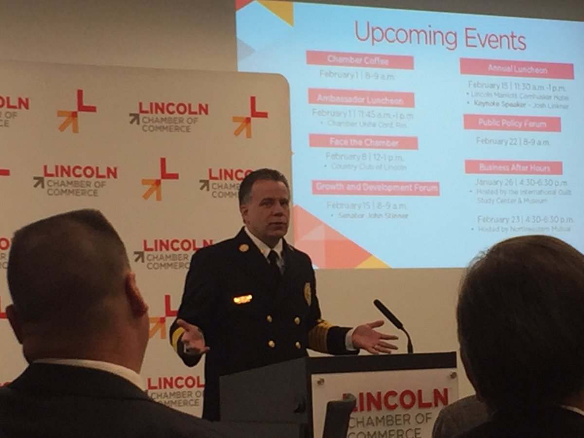 kwitte01's tweet image. Fire and Rescue's Mike DeSpain enumerates Lincoln's stations ... 14 stations with engines, 4 with extension trucks and 6 with ambulances.