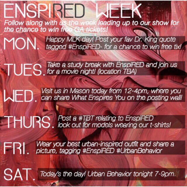 EnspiRED_UM's tweet photo. Happy hump day! Come to the posting wall in Mason today from 12-4 to share What Enspires You! #EnspiRED #UrbanBehavior https://t.co/vC3viu0Sfs