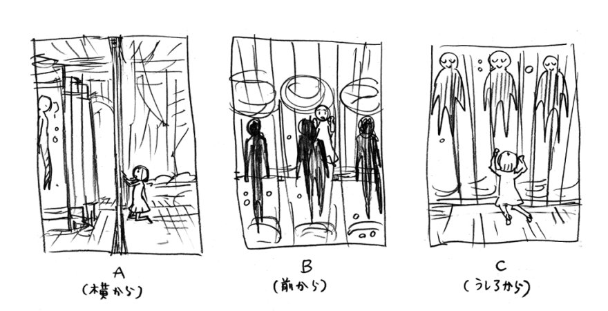 最近の創作漫画でレイアウトを決めるのに時間がかかったページなのですが最初3つ候補があって、最終的にCになりました。このページに至るまで鉄格子の外の様子を全く映していなかったので、キャラに寄り添いつつ、初めてそこにソレがあるのを見せるのに、どれが位置関係が分かりやすかろう?Cを選択