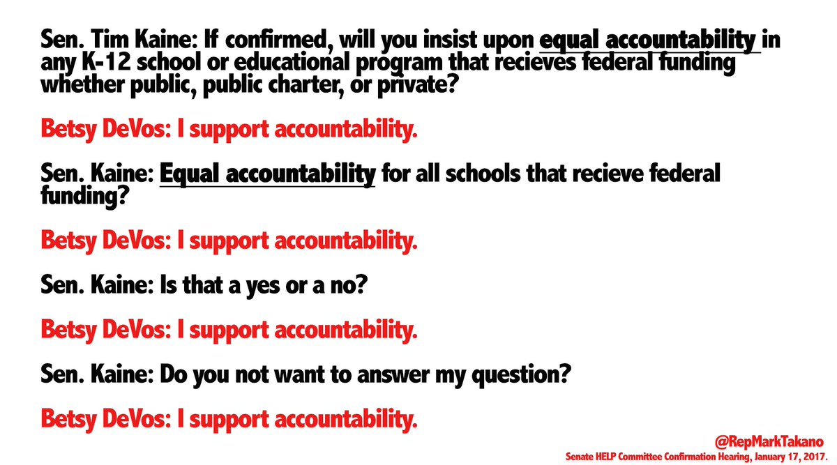 RepMarkTakano's tweet image. This was an actual exchange between @timkaine and Betsy DeVos last night. Her refusal to commit to equal K-12 accountability is telling.