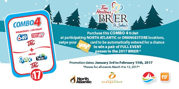 YAYRewards's tweet photo. Right now at North Atlantic and Orangestore, purchase a Combo 4 ticket, swipe your Yay! card, and you could win passes to the 2017 Brier. https://t.co/6vFm3x9BO5