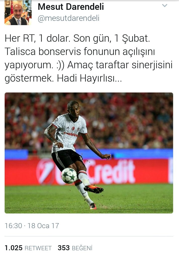 LisebjkBursa's tweet photo. Beşiktaşlı iş adamı Mesut Darendeli bu paylaşımına alacağı her RT için,Talisca'nın bonservis fonuna 1$ bağış yapacağını açıkladı. https://t.co/lUOkzc795C