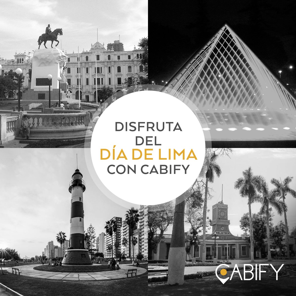 Cabify_Peru's tweet photo. #FelizDíaLima Aprovecha nuestro 15% de descuento automático al ir o regresar de estos puntos emblemáticos hasta el domingo. #CabifyZone https://t.co/qOcvoVEbMe