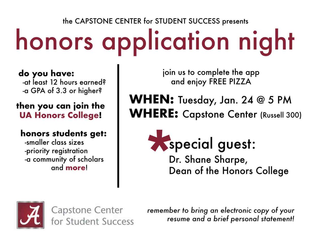 Next Tuesday, join us to apply for <a href="/HonorsCollegeUA/">UA Honors College</a>! Remember to bring a resume &amp; brief personal statement!