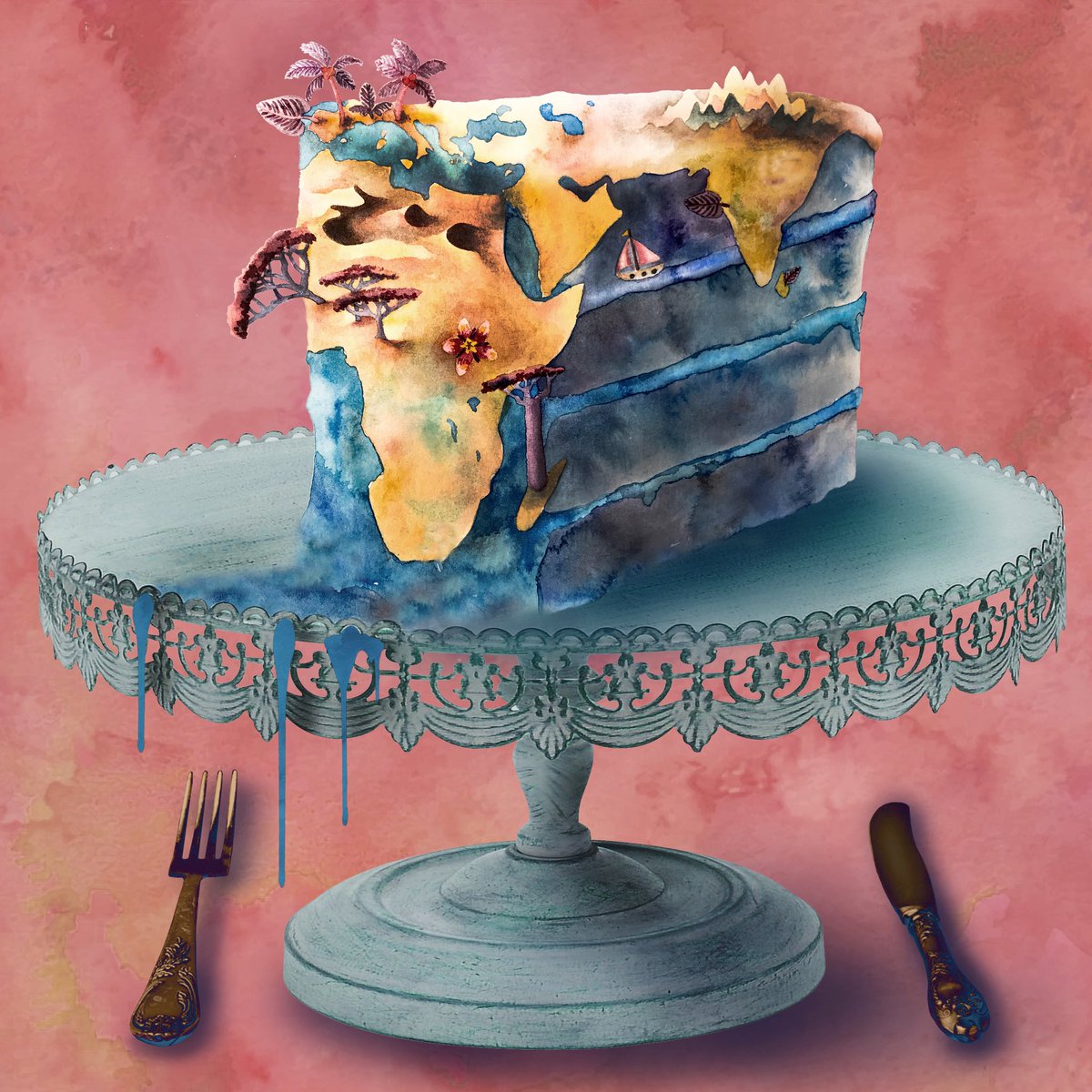 _erinschuetz's tweet photo. Can't have our #cake and eat it too. #climatechange #editorialillustration #watercolorpainting #collage #earth https://t.co/kEx6q4gwW8