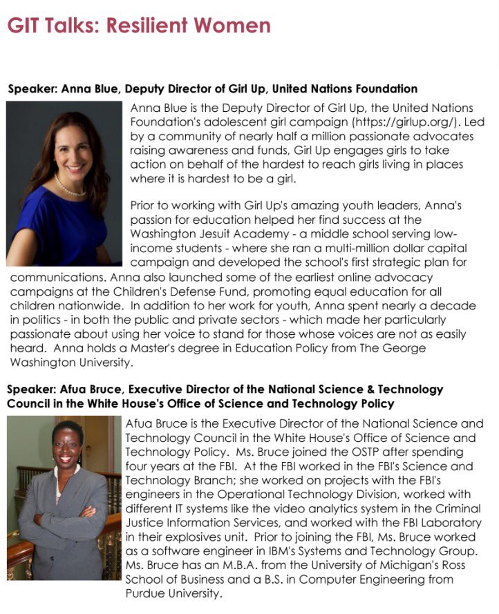 GirlsInTech_WIT's tweet photo. GIT DC's #GITTalks panel is Jan 24th: "Resilient Women", w/ @MsAnnaBlue from @GirlUp & Afua Bruce (@afoofoo1) from @whitehouseostp https://t.co/wH9OmaVZA5