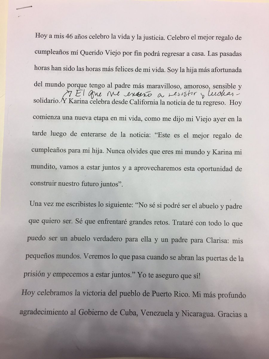 jorgejmuniz's tweet photo. Carta que leyó Clarisa López, hija de Oscar López Rivera, al principio de rueda de prensa https://t.co/lqy9QOMMyi