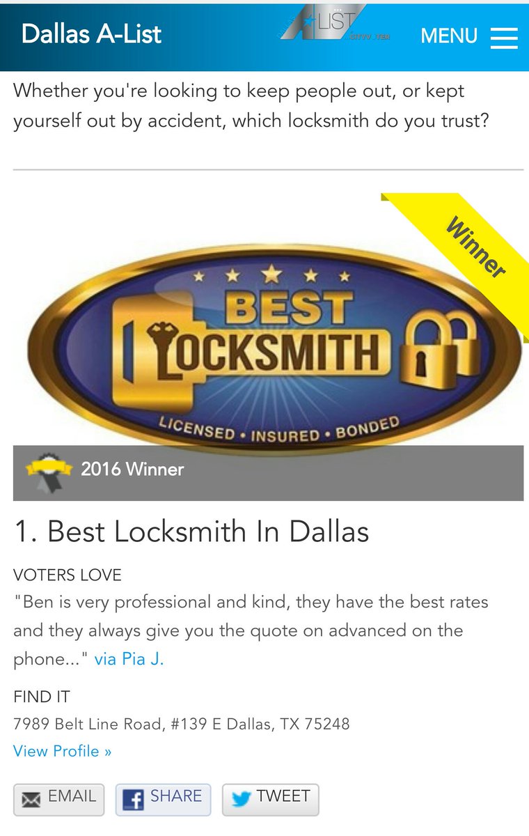 BestLocksmithTX's tweet photo. Simply choose the BEST. #bestlocksmithdallas #locksmith #locksmithdallas #dallaslocksmith #dallas #keys #locksmithservices https://t.co/yP3n6ldKHE