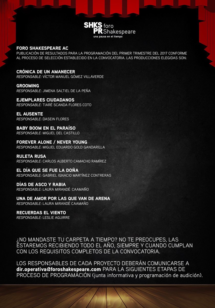 Estás son las obras seleccionadas en la convocatoria 2017. Si estás en la lista comunícate con nosotros.